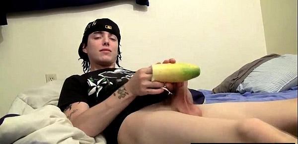  Straight tattooed thug playing with his big cock and a fruit